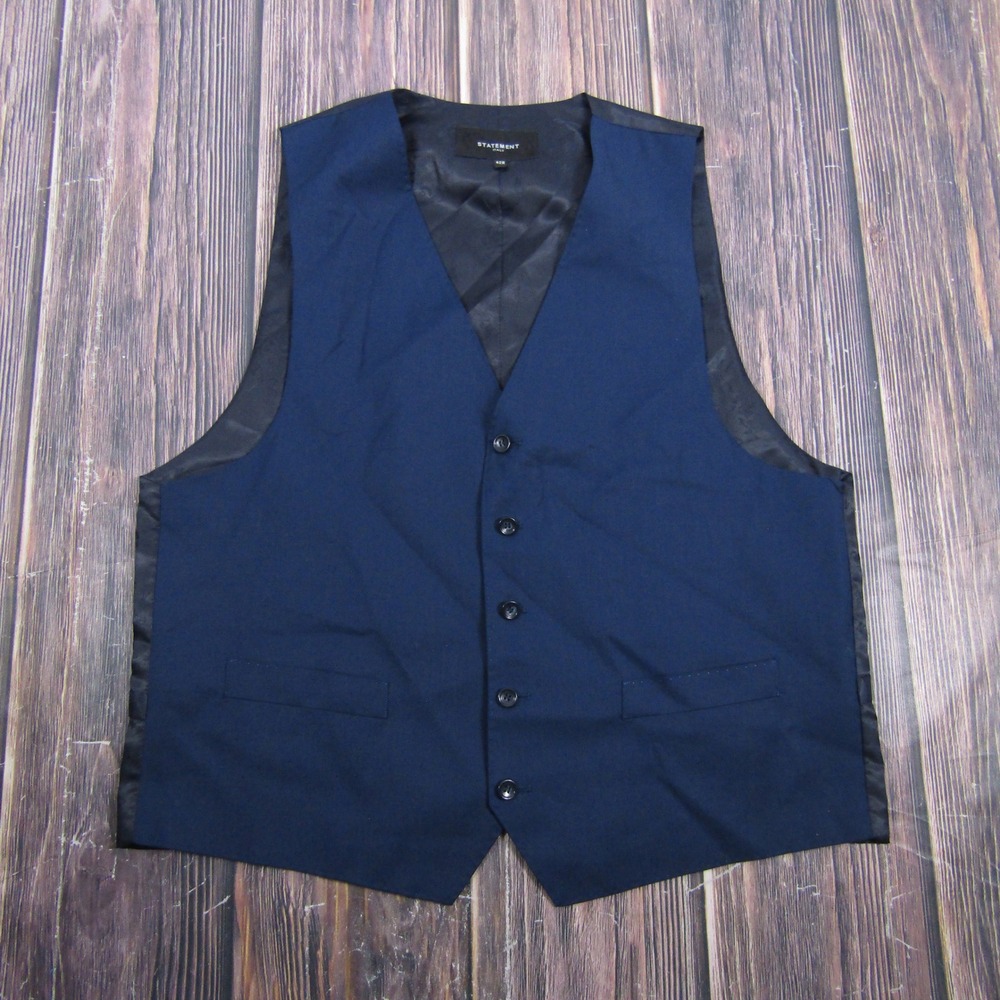 Statement Suit Vest Mens 42R Navy Blue Formal Dress Waistcoat Adjustable Wedding